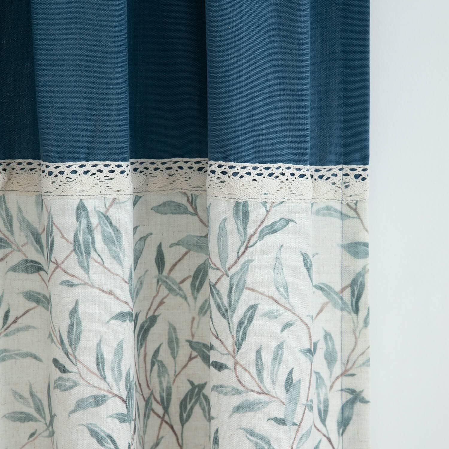 VOGOL Linen Textured Curtains with Leaves Print and Lace Border
