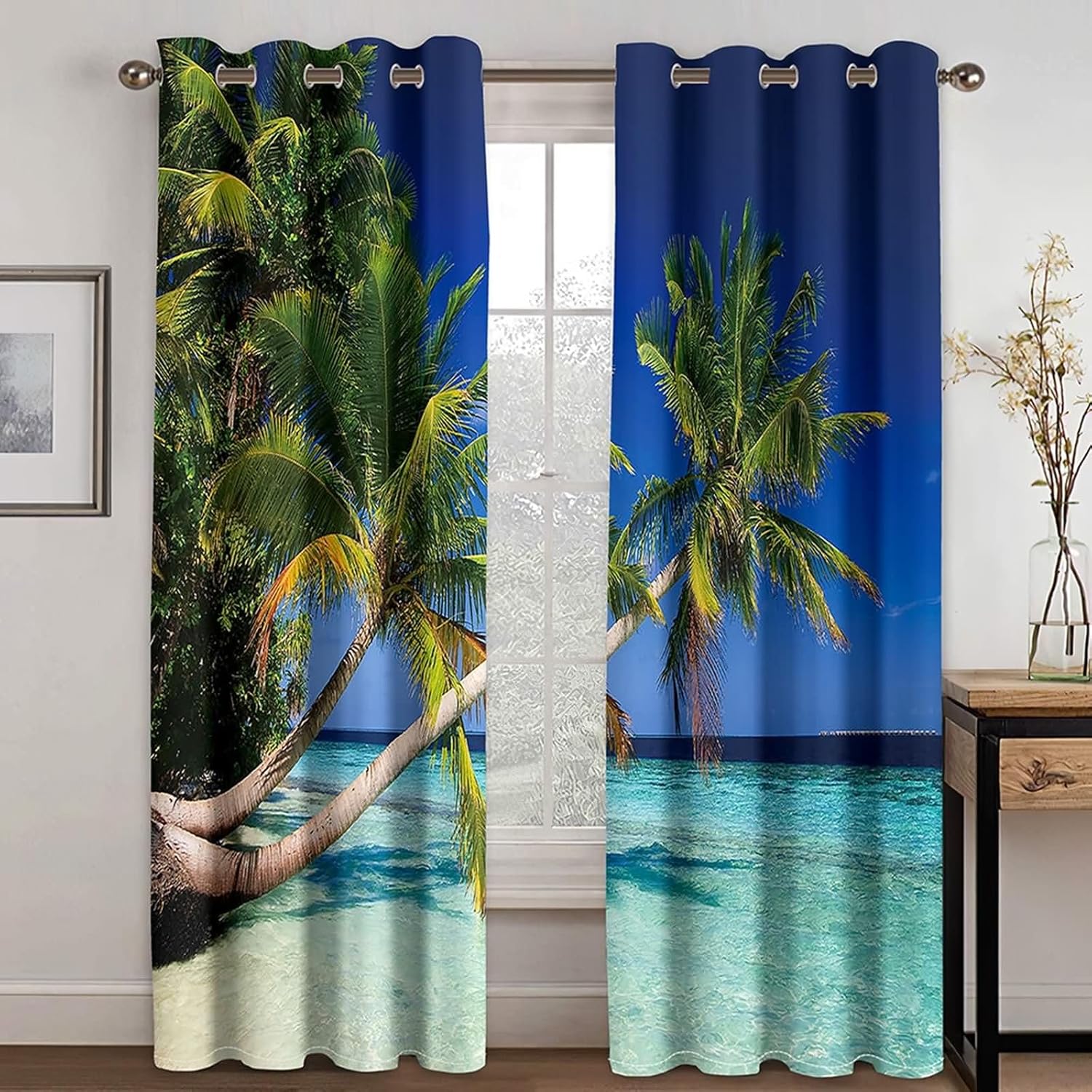 2 Piece Blackout Kitchen Curtains with Coconut Tree Design