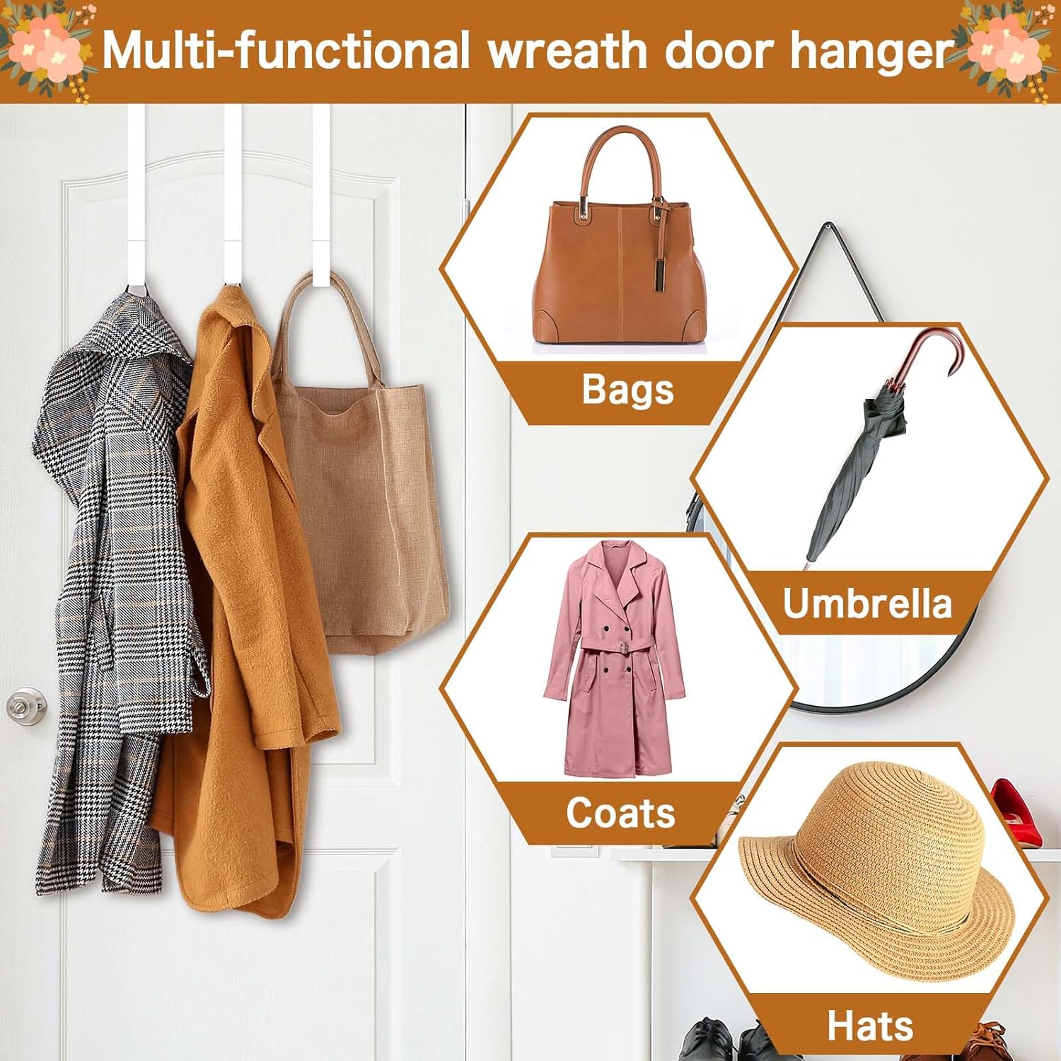 4 Pack Wreath Hangers for Front Door - White