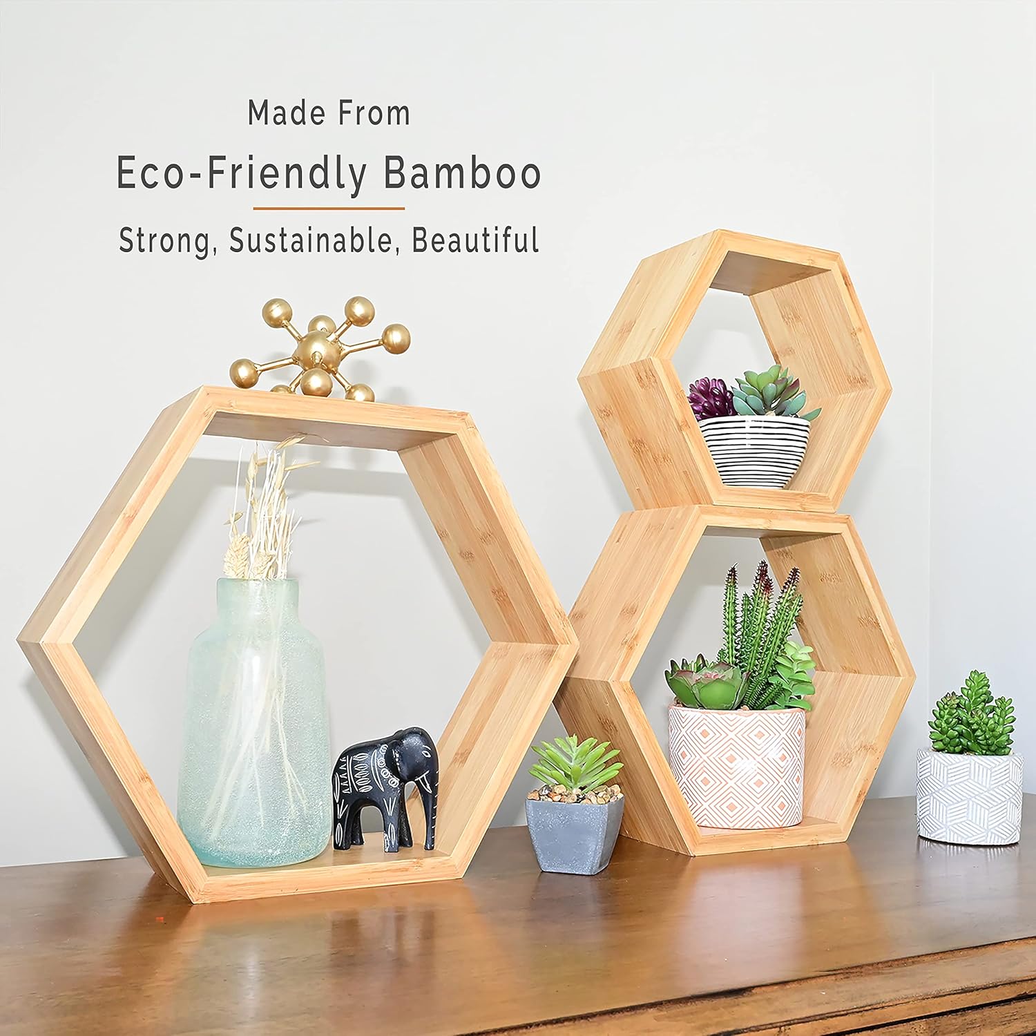 Bamboo Hexagon Floating Shelves Set Of 3