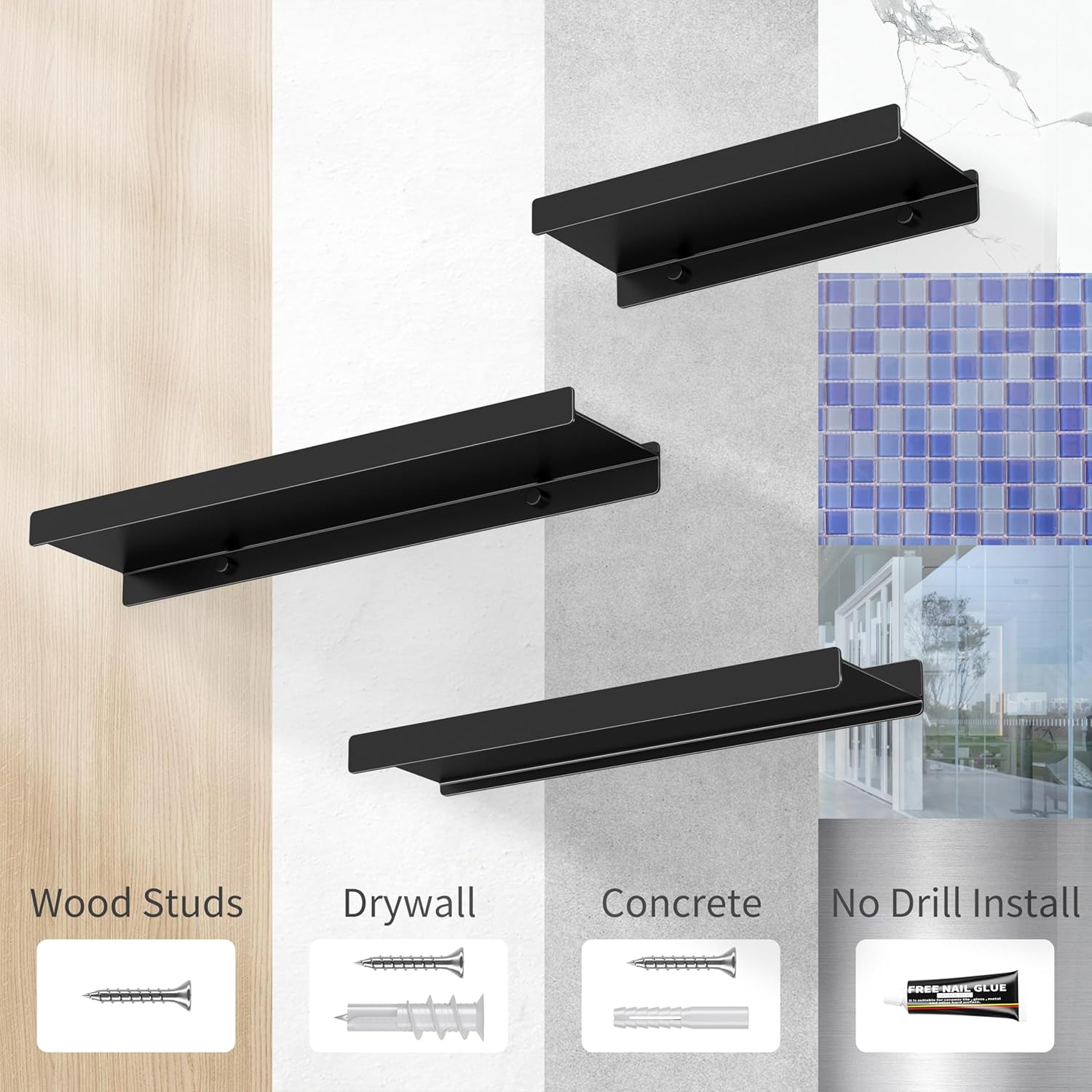 Danpoo Black Floating Metal Wall Shelf 12 Inch