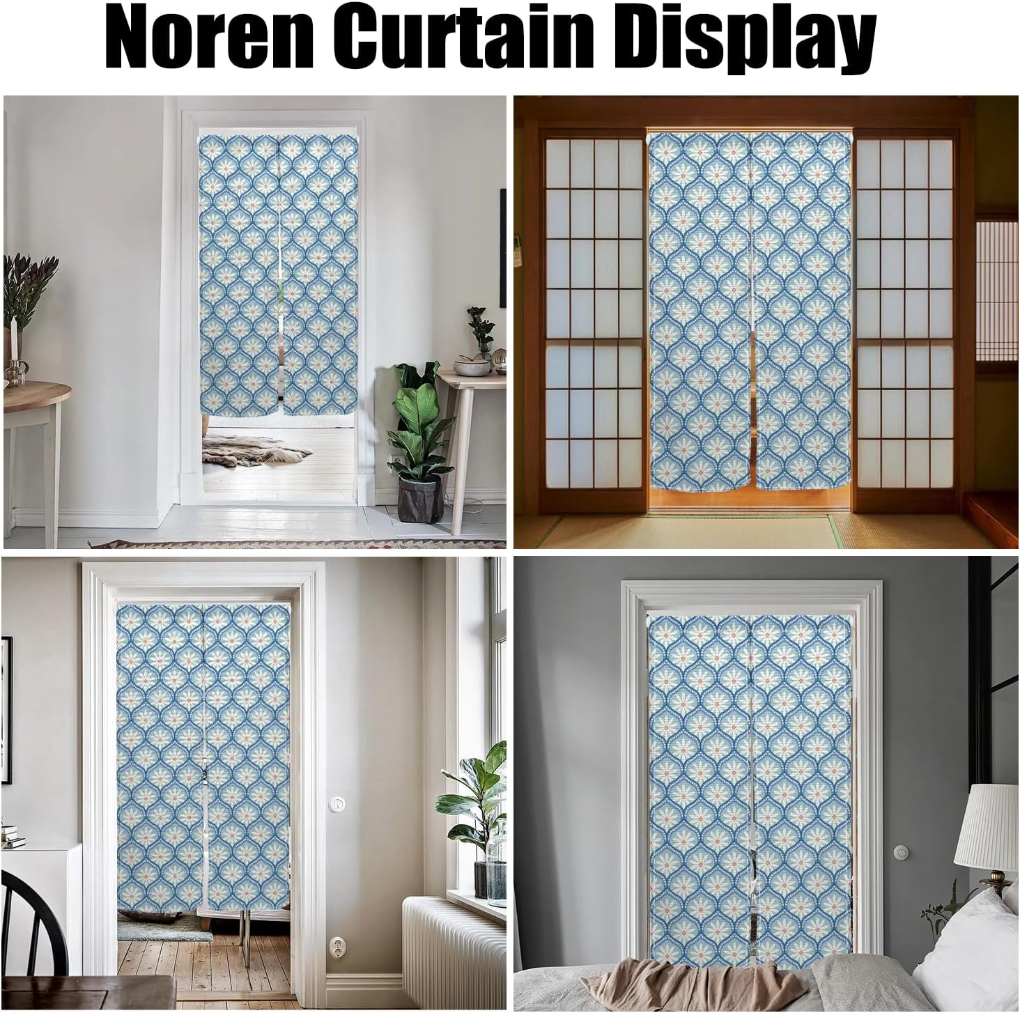 Traditional Japanese Noren Door Curtain 335x59 inch Blue Chrysanthemum