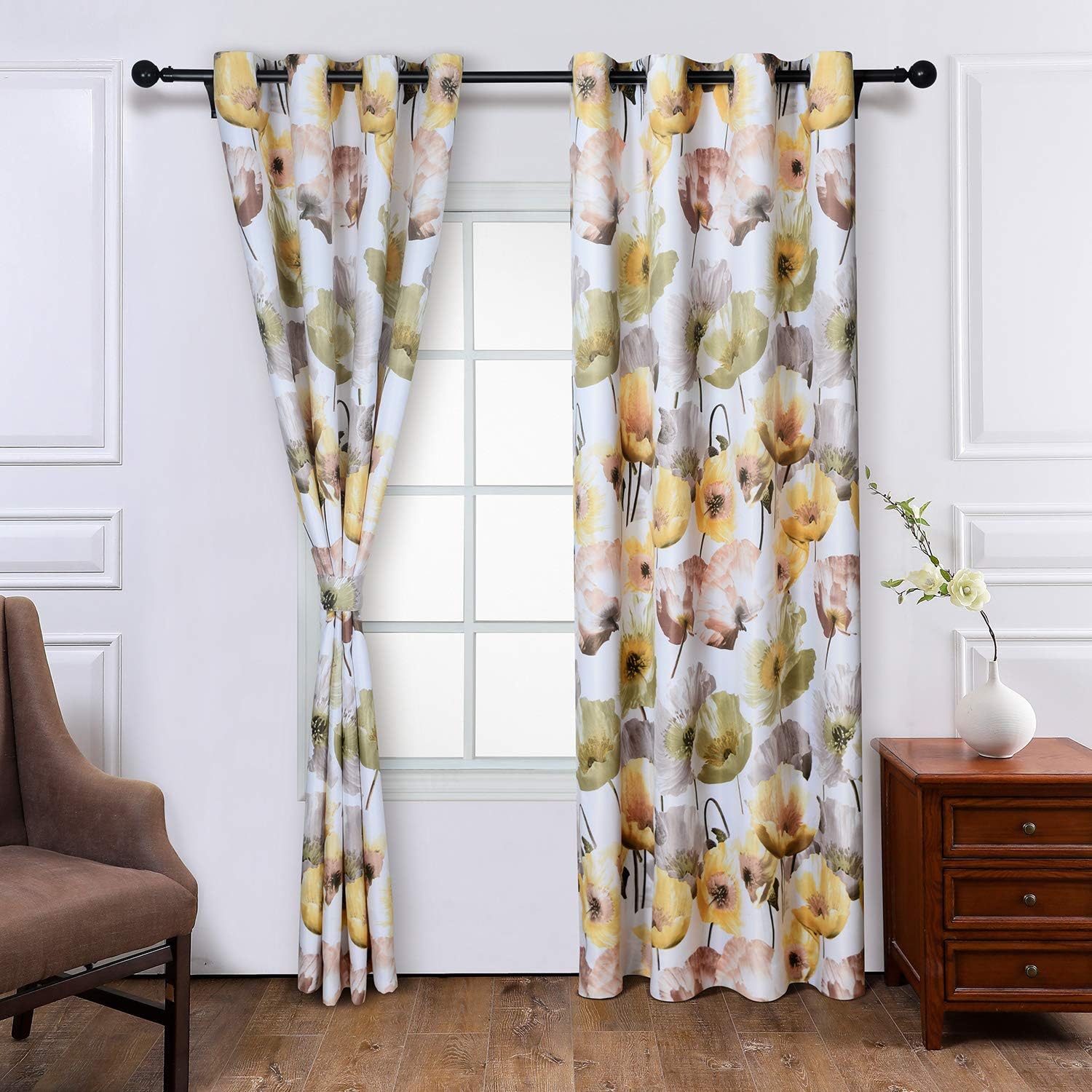 Melodieux Floral Curtains 2 Panels Yellow 63 Inch Length