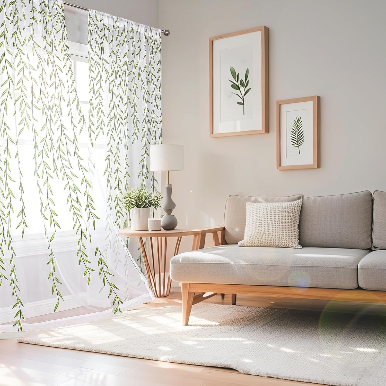 108 Inch Sheer Curtains with Green Leaf Pattern 2 Panels Set
