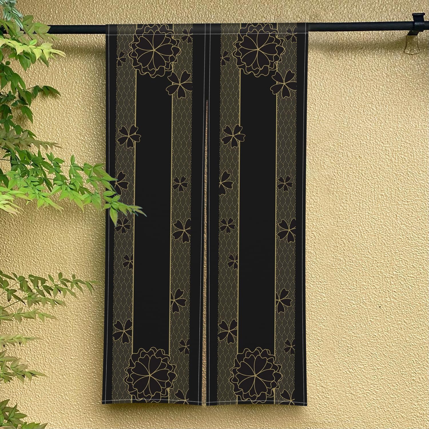 Noren Door Curtain with Gold Flowers Pattern 34x60 Inches