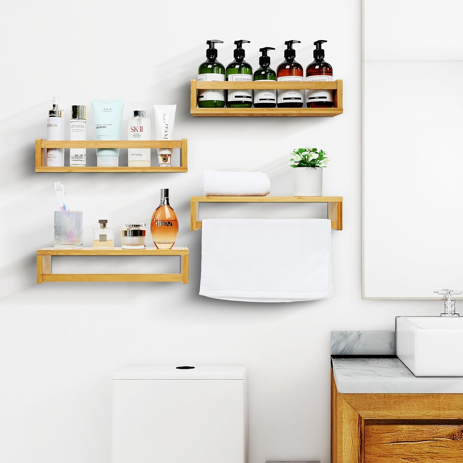 Ollieroo Four Floating Bamboo Book Shelves Wall Mounted