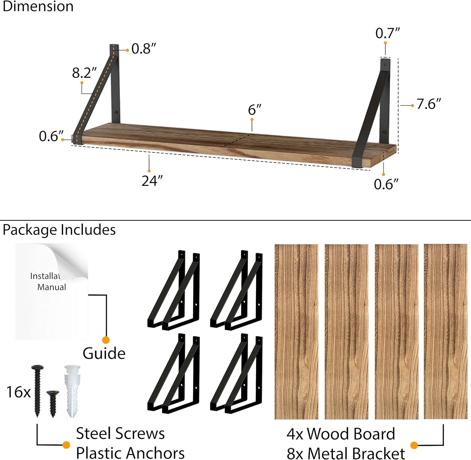 Wallniture Bora Floating Shelves 24x6 Set of 4