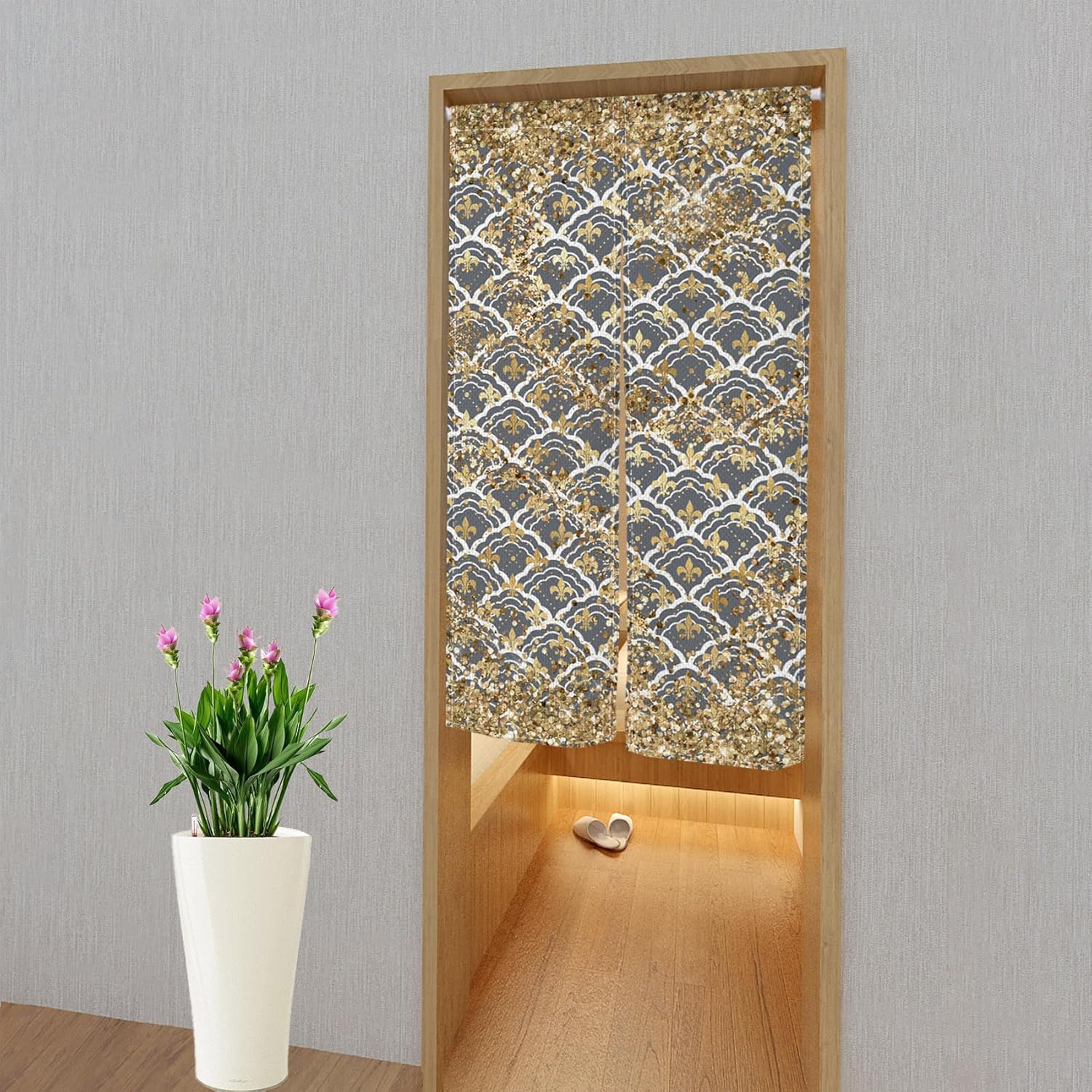 Traditional Japanese Noren Door Curtain with Gold Sequins