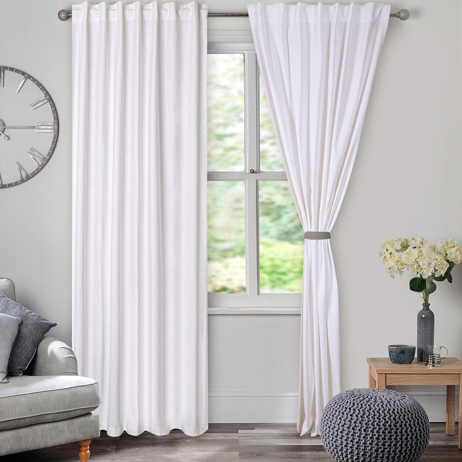 Goroly Home White Cotton Curtains 96 Inch Panels 2 Pc