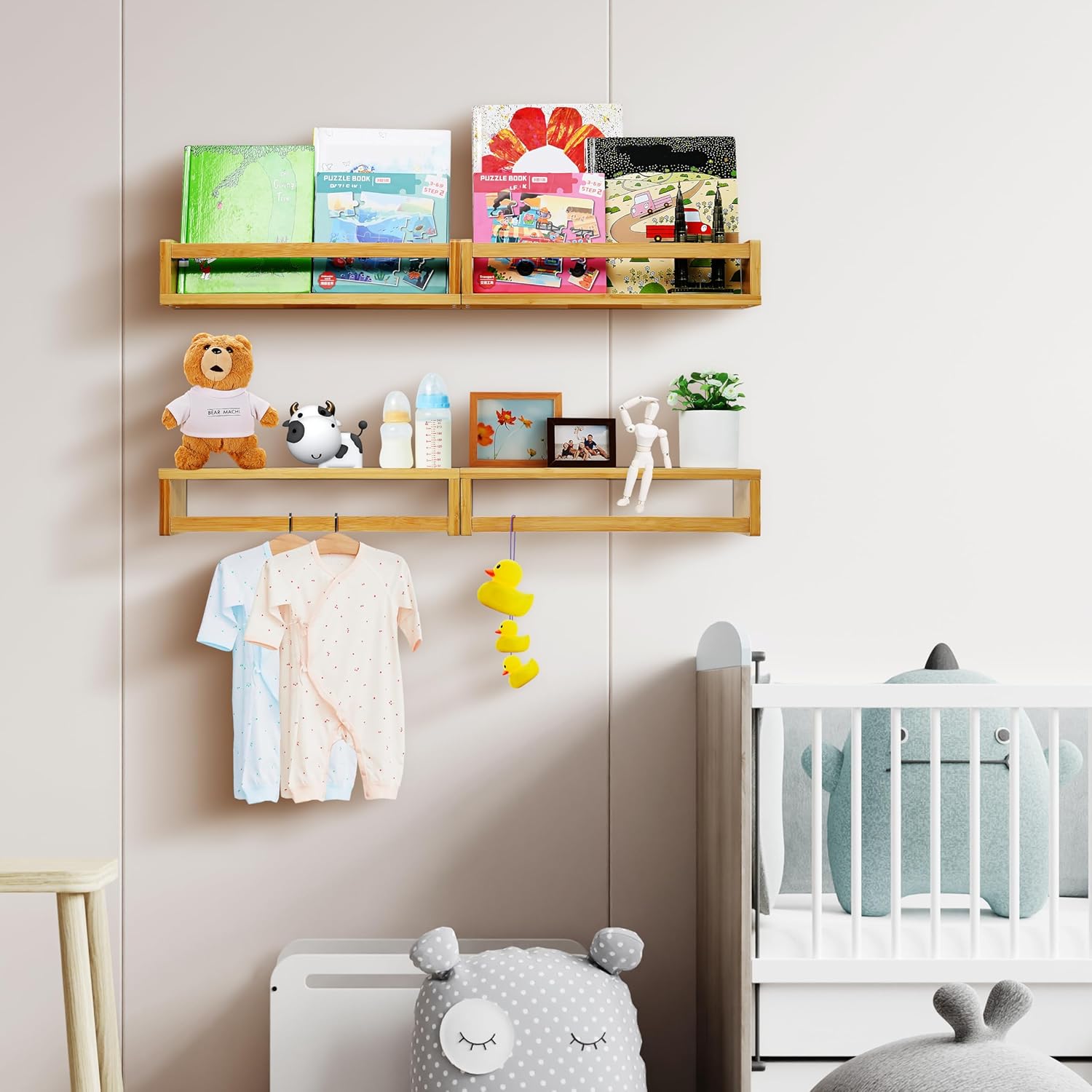 Ollieroo Four Floating Bamboo Book Shelves Wall Mounted