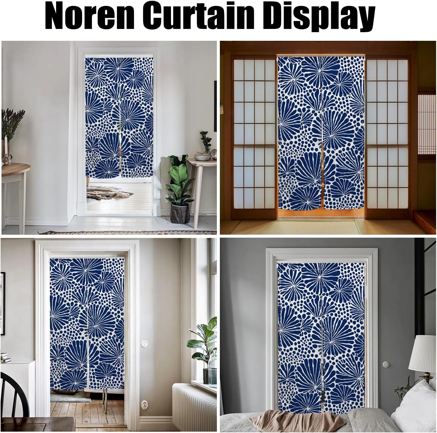 Japanese Noren Door Curtain Blue Floral Pattern