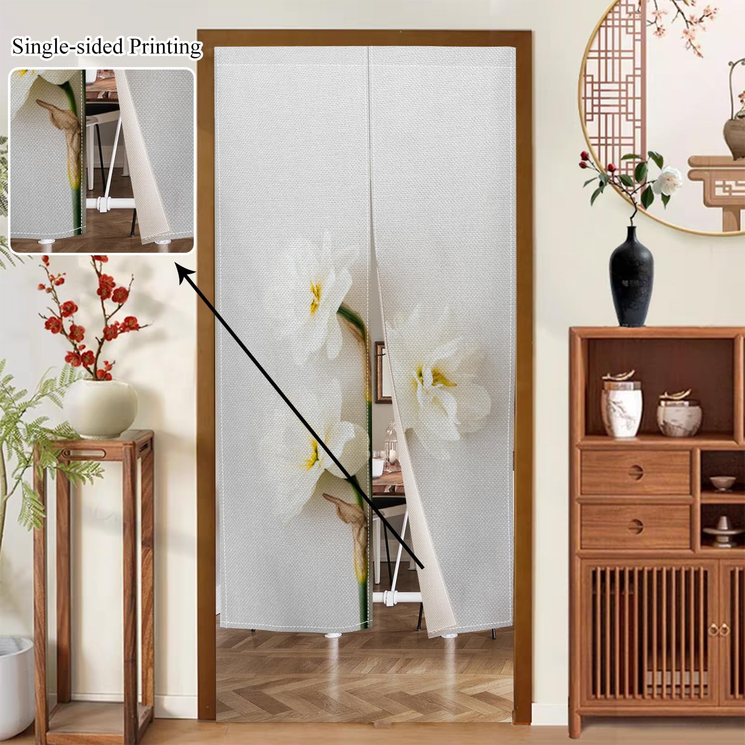 Japanese Noren Door Curtain with Bloomy Flower Print