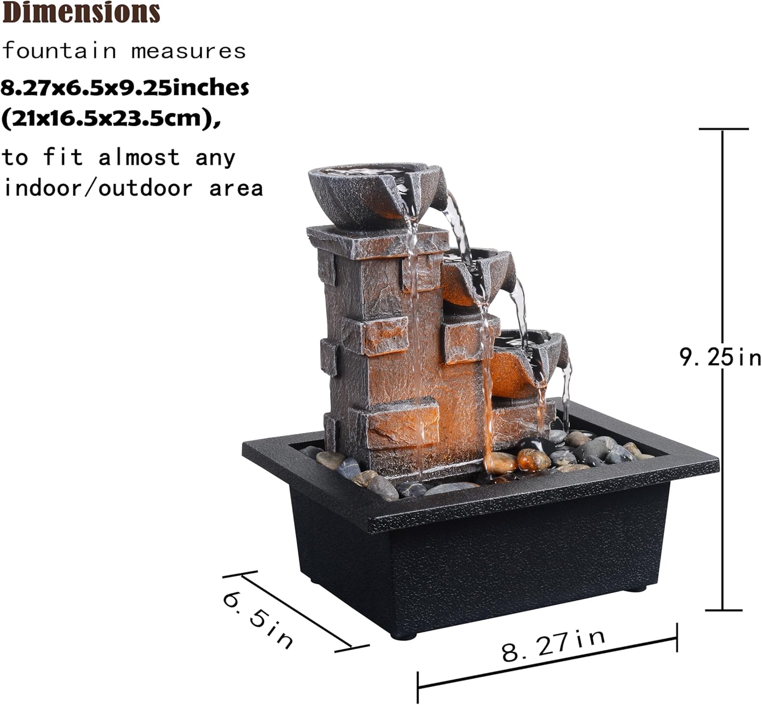 GOSSI 3-Tier Stone Wall Tabletop Fountain with LED Lights