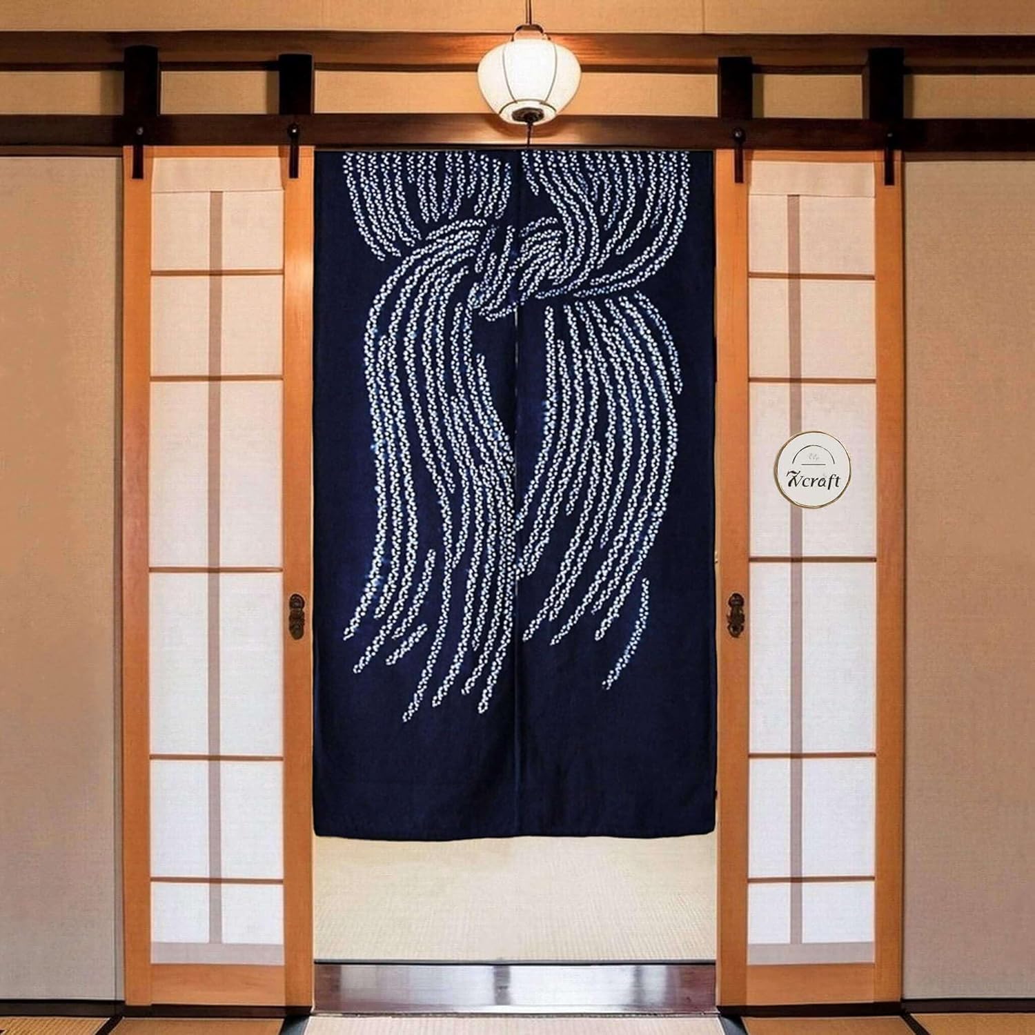 Hand Dyed Japanese Noren Curtain - Lucky Knot Indigo 335x59in