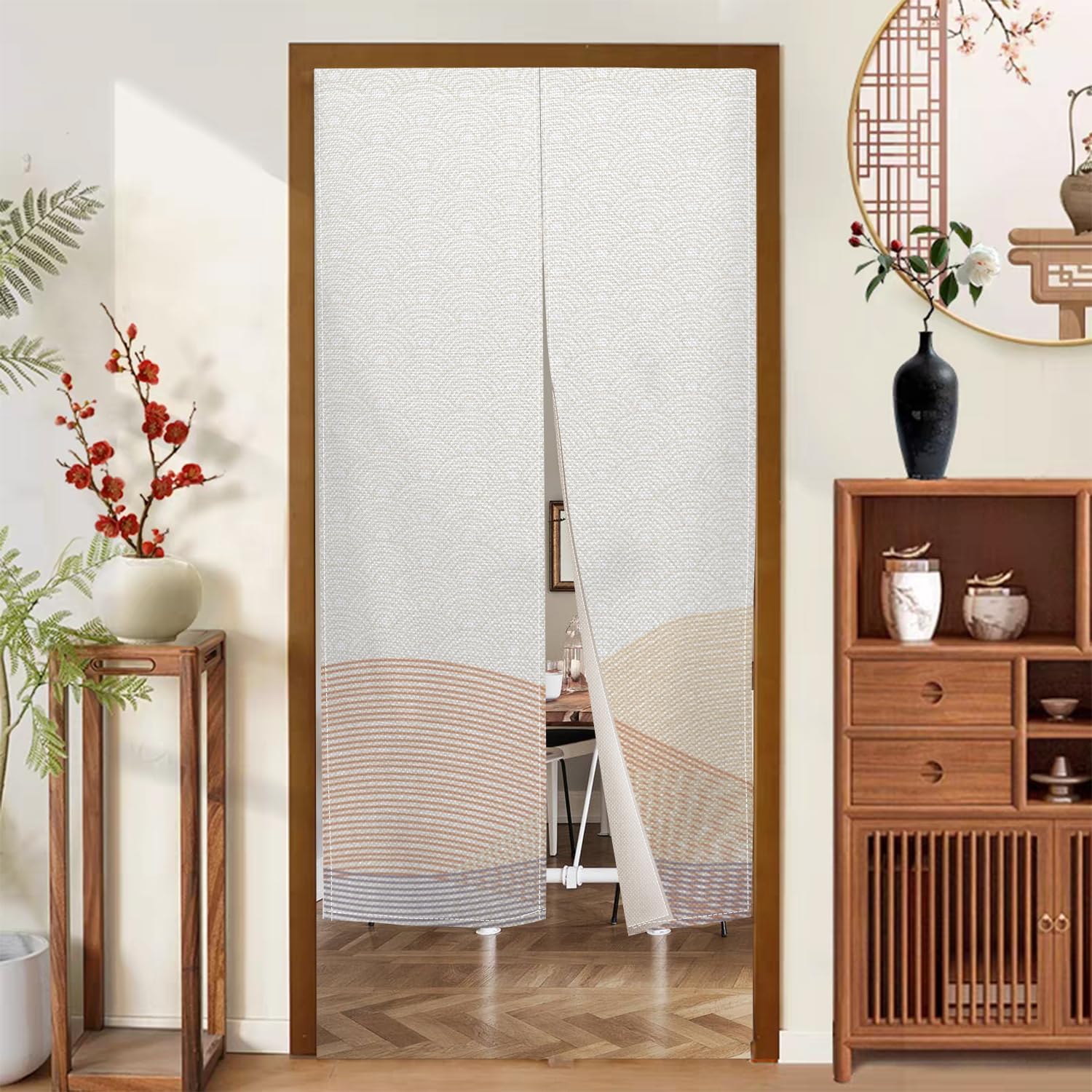 Japanese Noren Door Curtain Khaki Wave Design 34x48 Inches