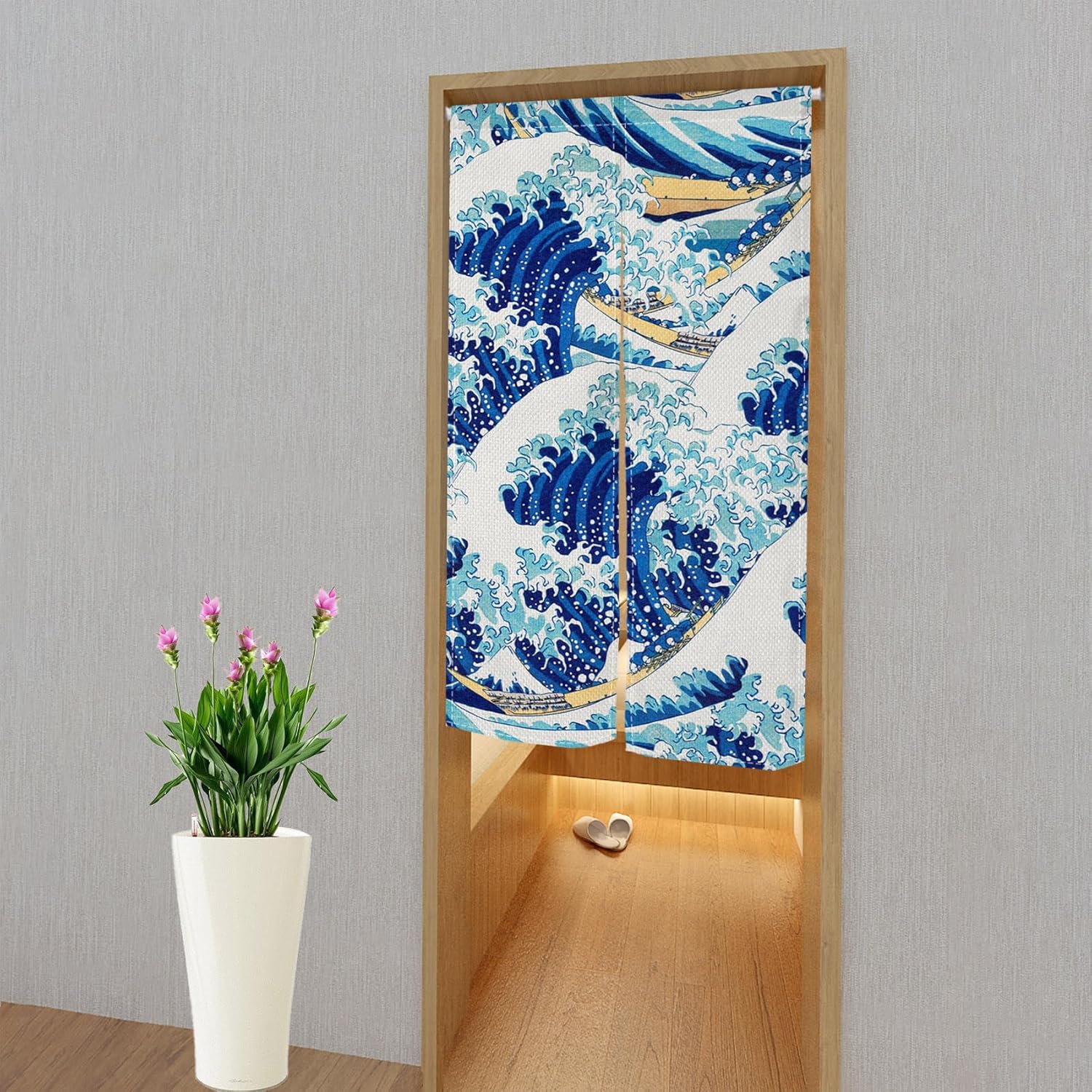 Leowefowa Noren Curtain Blue Great Wave Ukiyoe Design