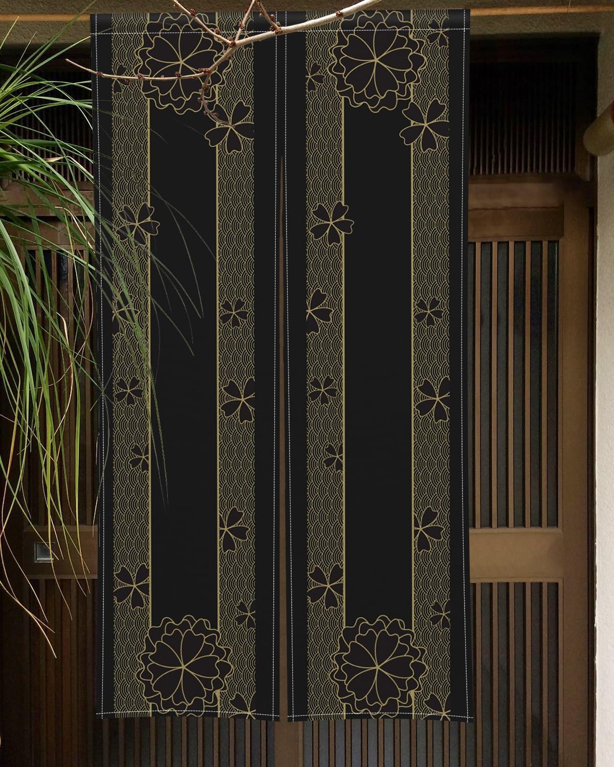 Noren Door Curtain with Gold Flowers Pattern 34x60 Inches