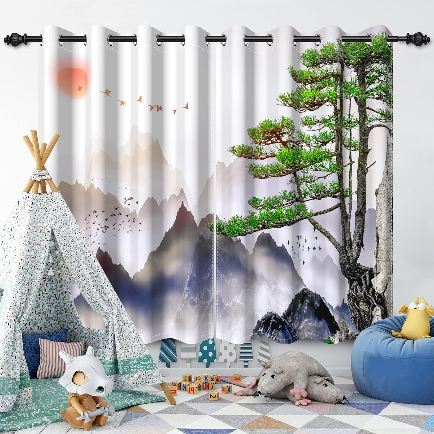 Misty Mountains Curtains Pine Trees Landscape Window Treatment Set 42x84 Inch