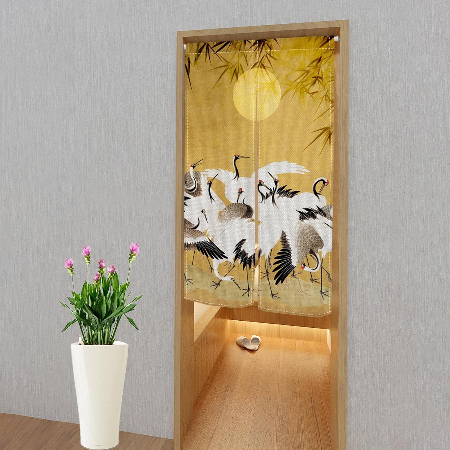 Japanese Style Cranes Full Moon Bamboo Door Curtain 34x60