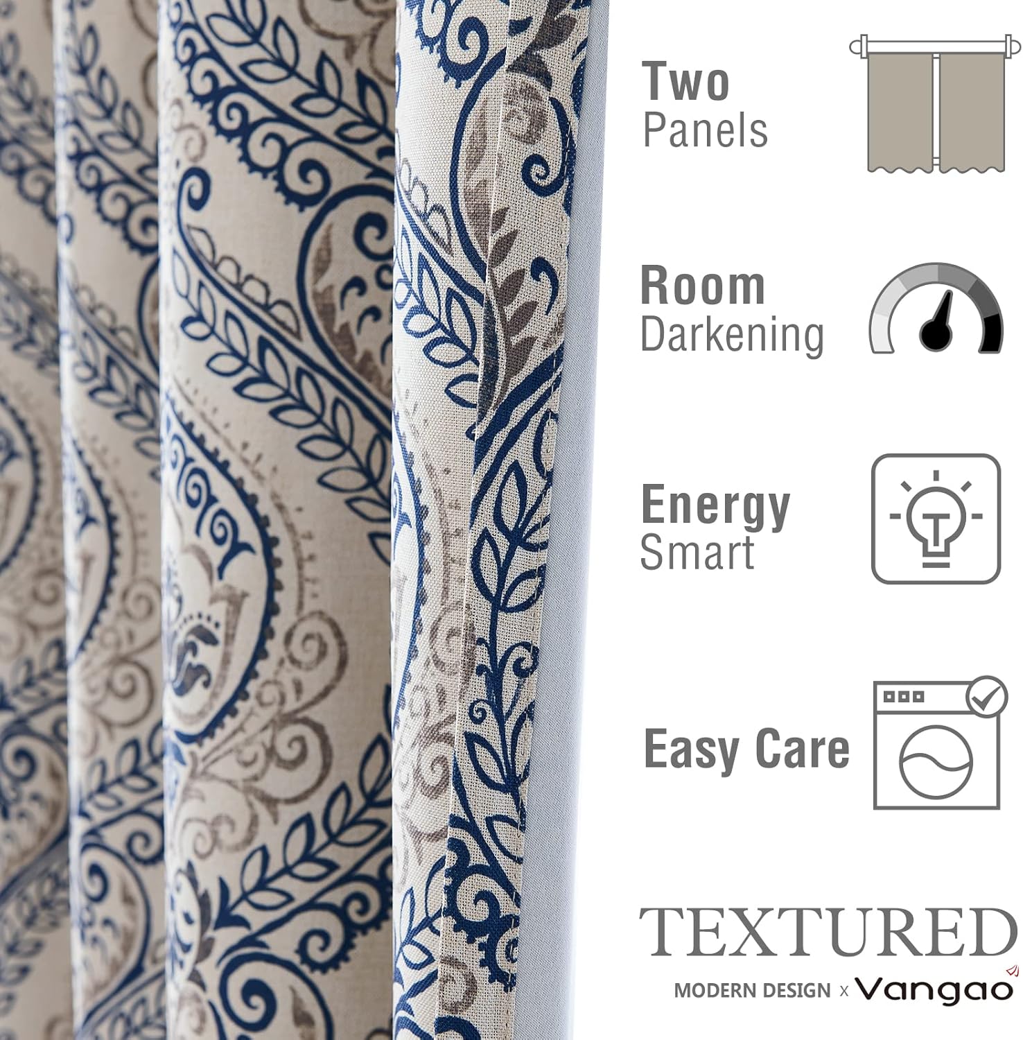 Vangao Damask Curtains 2 Panels 63 Inch Blue on Beige