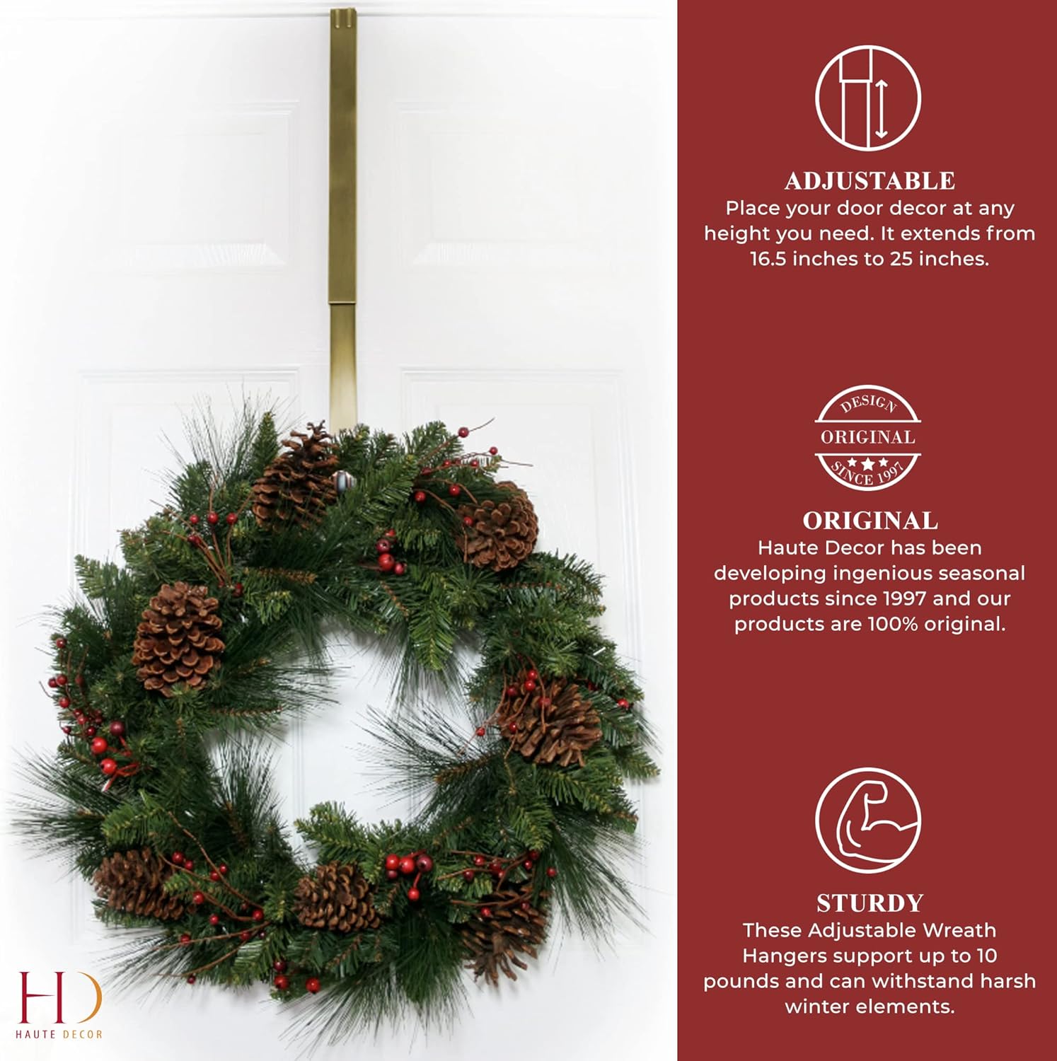 Haute Decor Adjustable Wreath Hanger 2-Pack Antique Brass