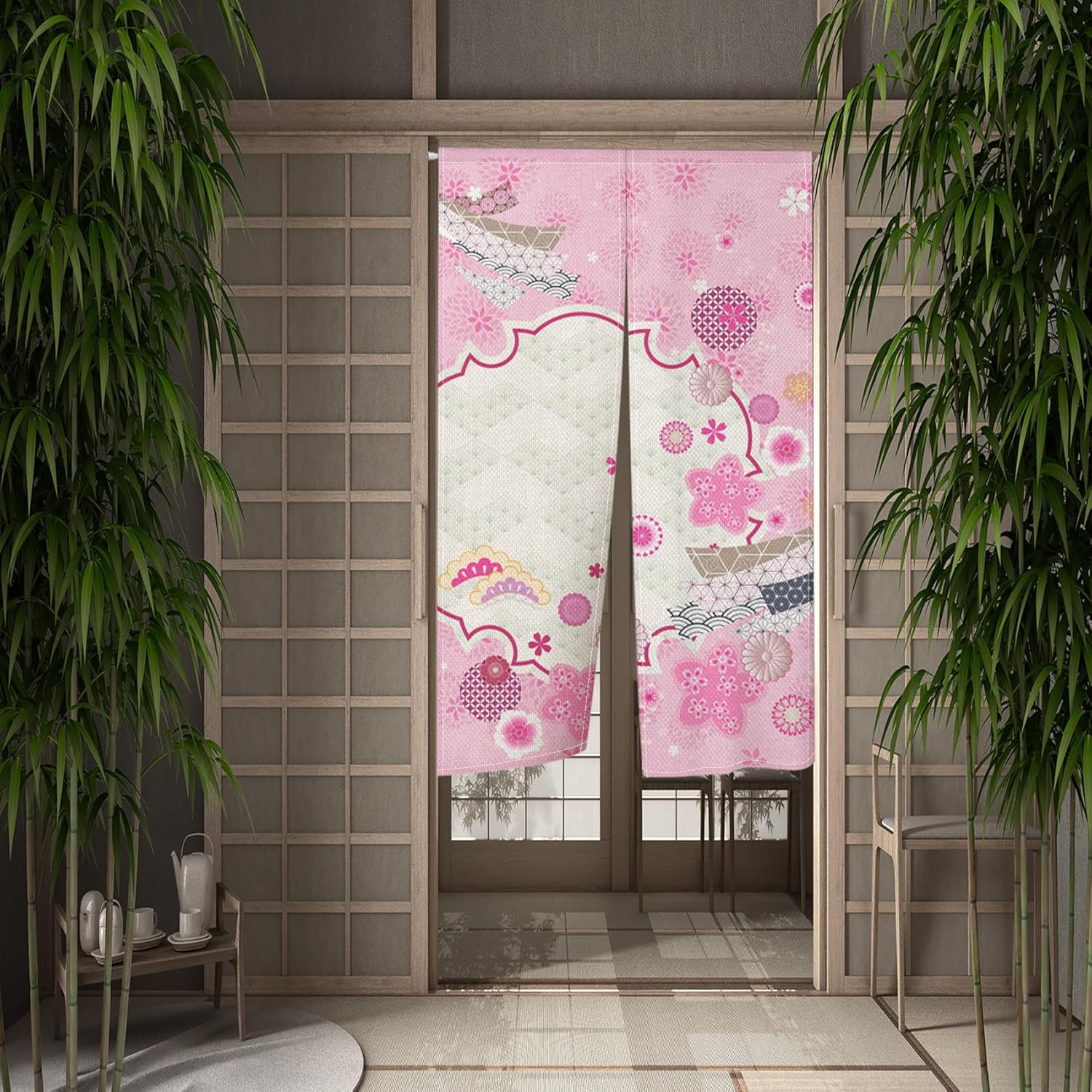 Traditional Japanese Noren Door Curtain Pink Flowers Print 34x60