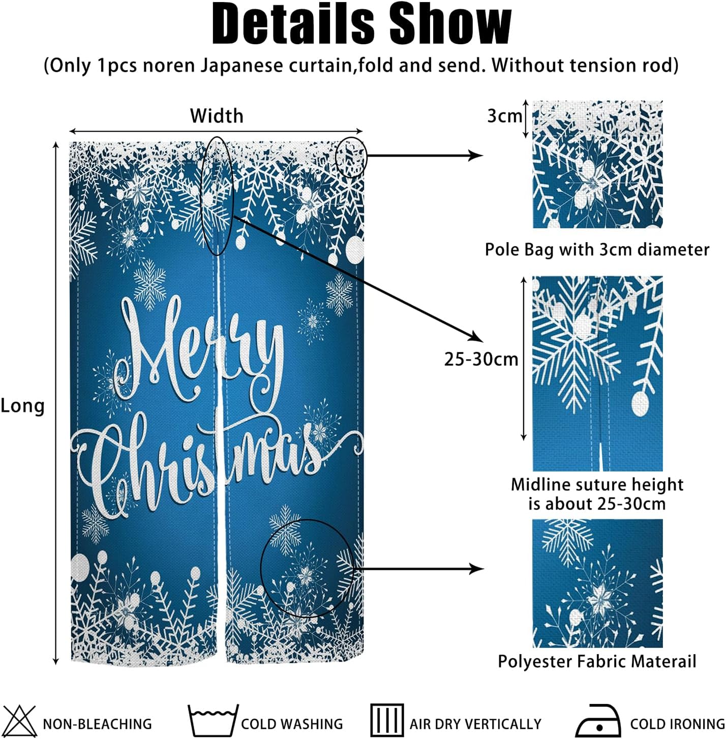 Blue Snowflake Christmas Noren Curtain 34x60