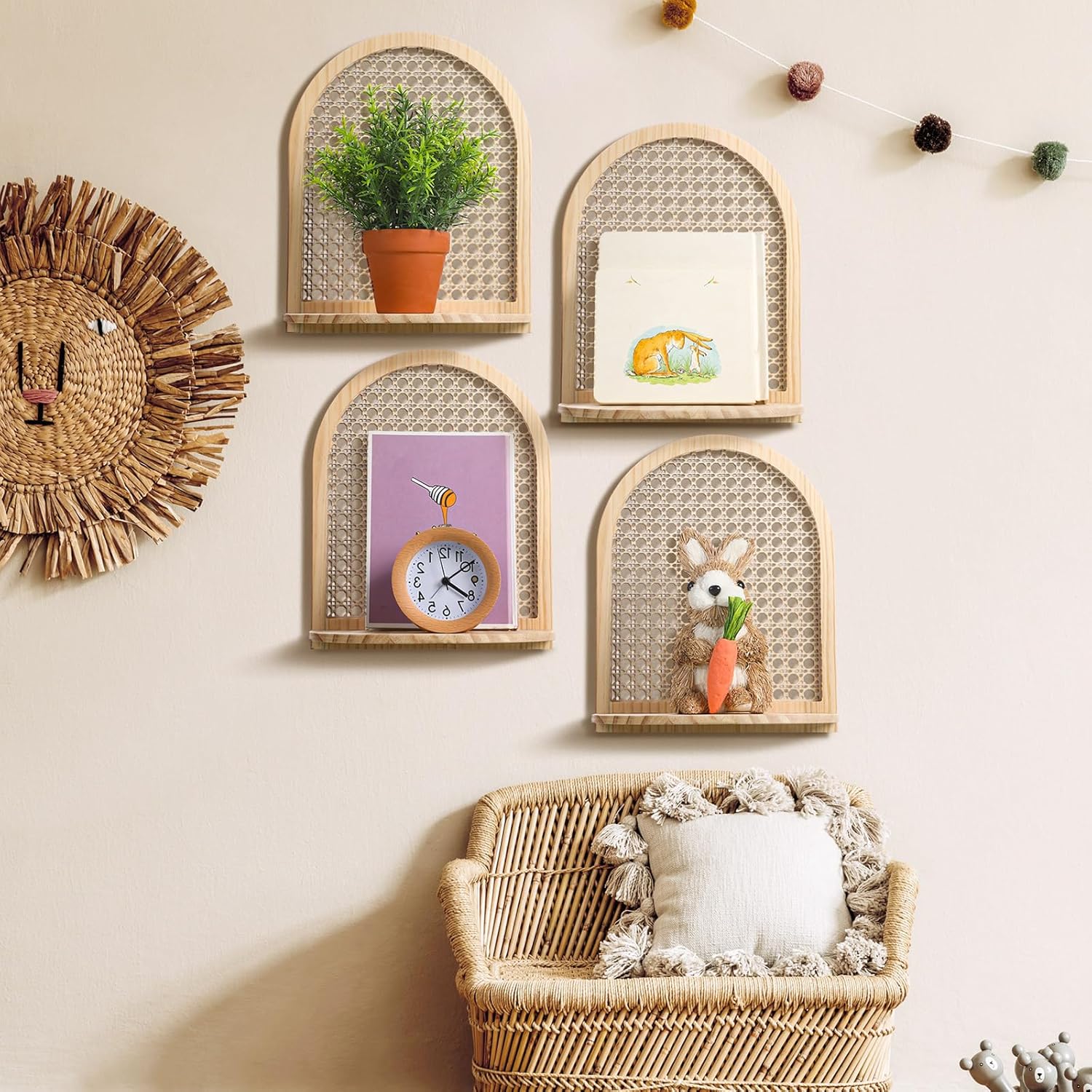 Karenhi 4 Pcs Boho Rattan Wall Shelf Decor