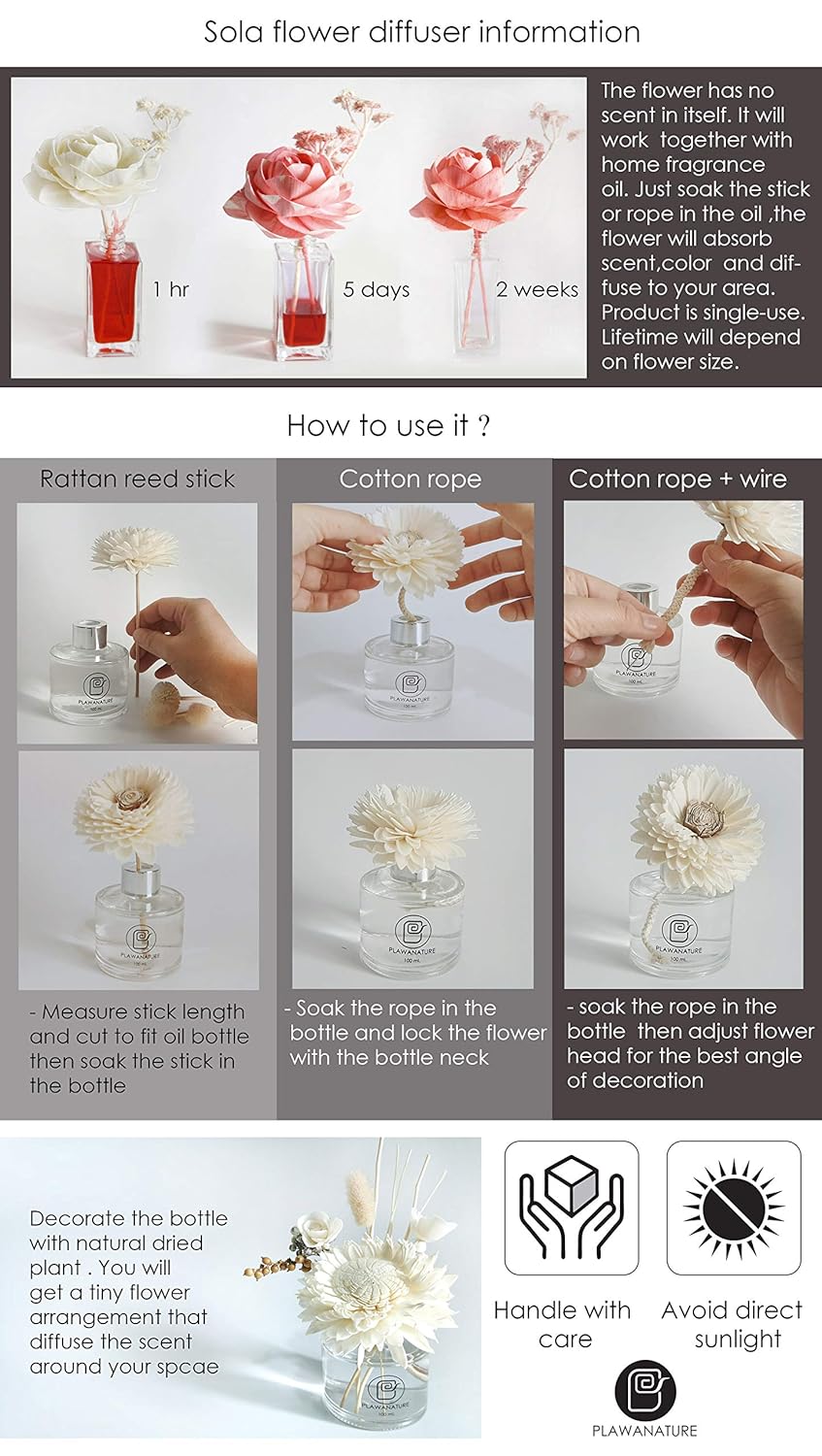 4 White Natural Peony Sola Flower Diffuser Set for Home Fragrance