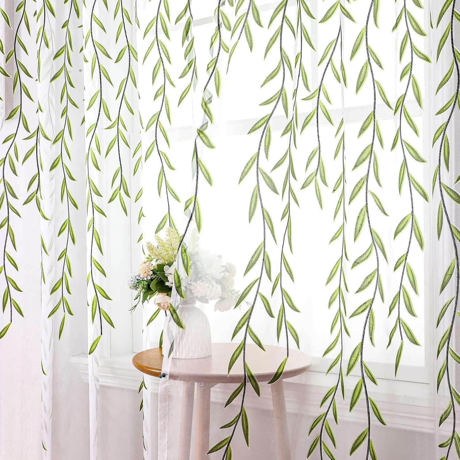 108 Inch Sheer Curtains with Green Leaf Pattern 2 Panels Set