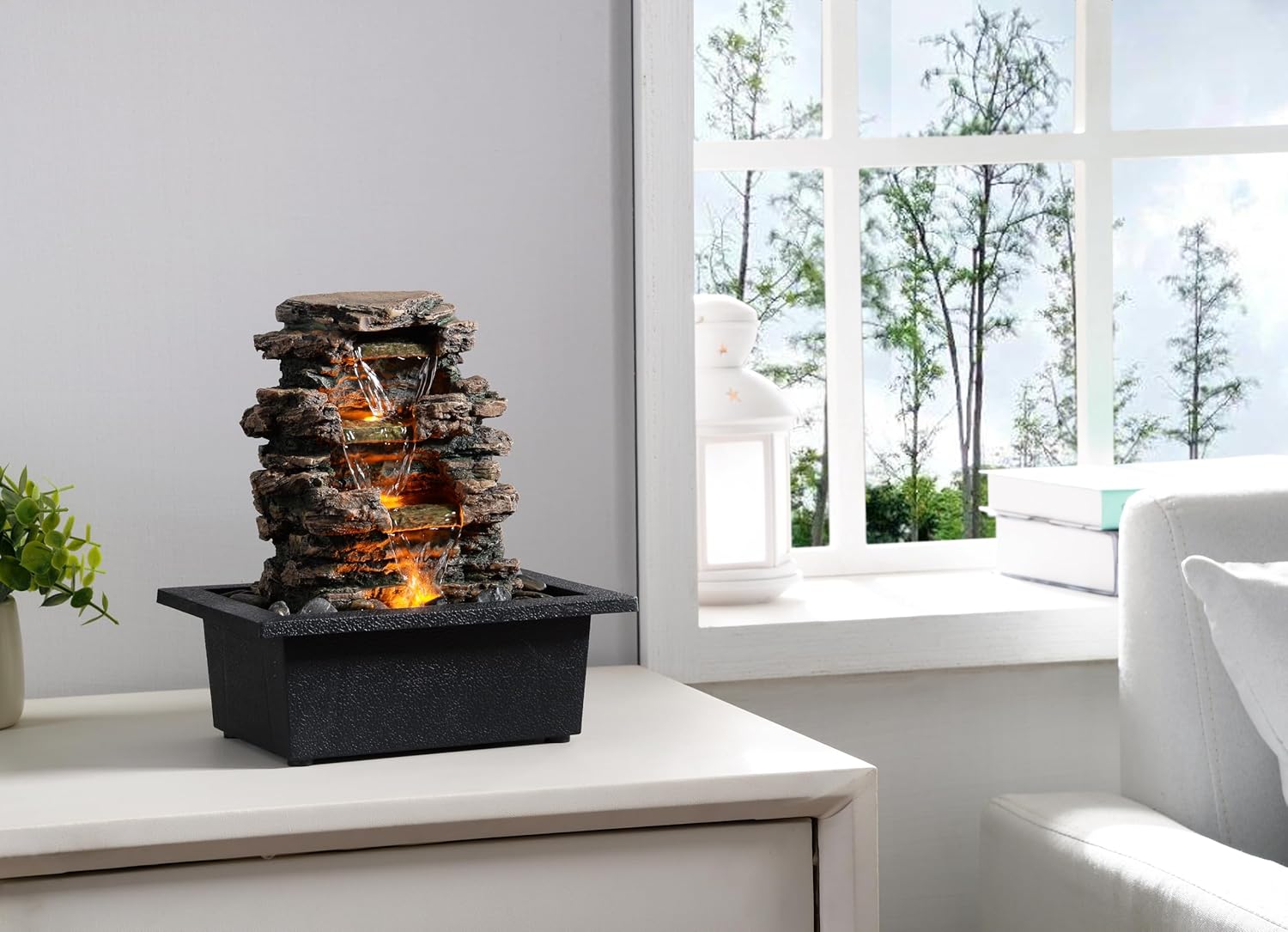 MAOCHI Tabletop Water Fountain with Automatic Pump and Natural River Rocks