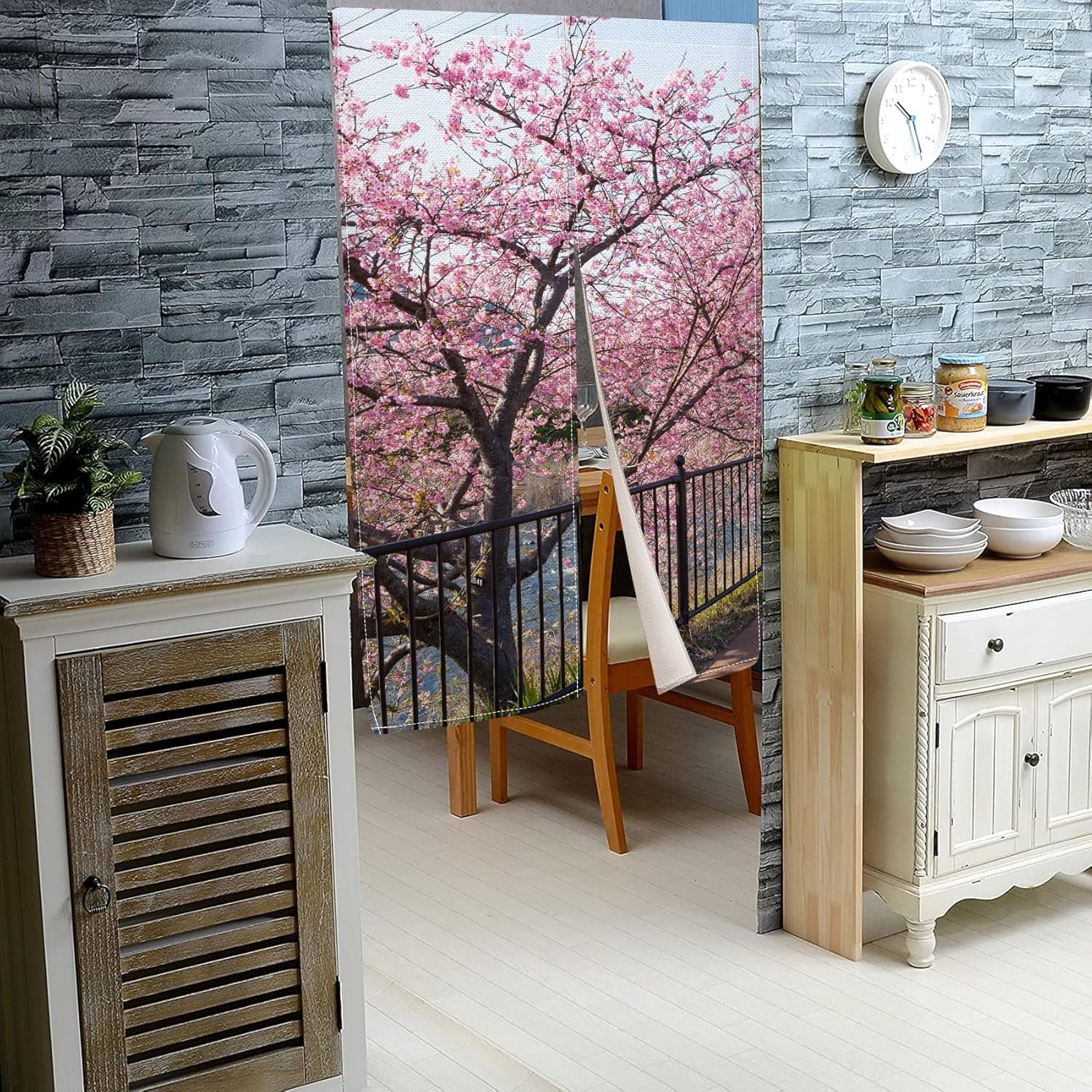 Leowefowa Japanese Noren Spring Pink Cherry Blossom Curtain Panel
