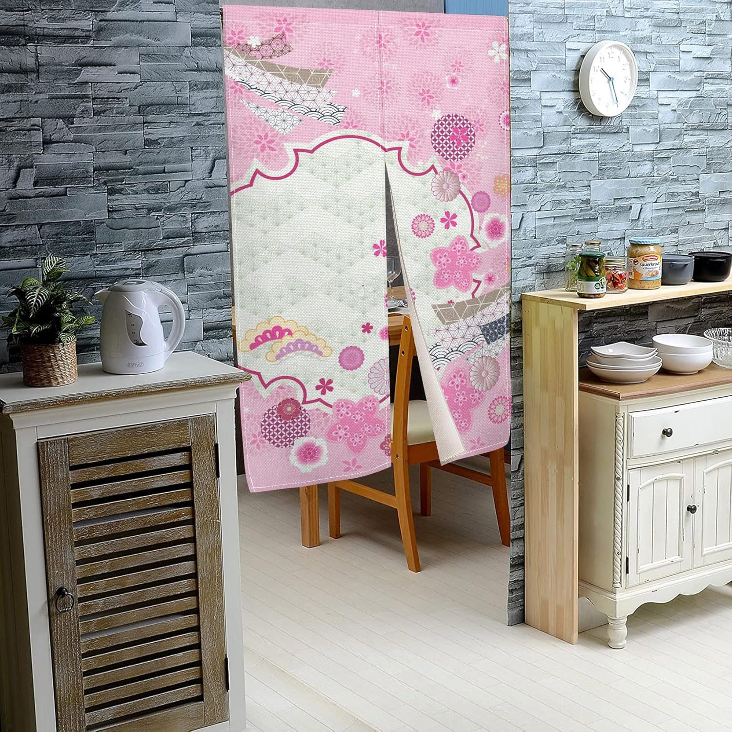 Traditional Japanese Noren Door Curtain Pink Flowers Print 34x60