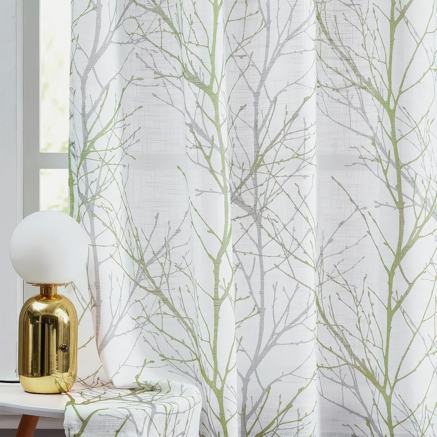 FMFUNCTEX Sheer French Door Curtain Panel 50x40 Green White Tree Print
