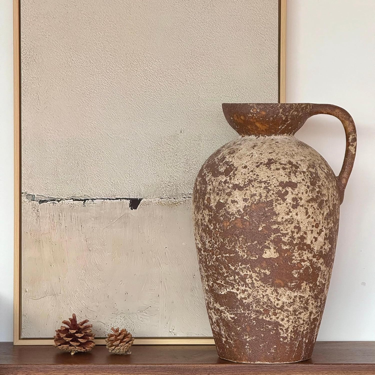 Brown Ceramic Rustic Farmhouse Vase with Handle