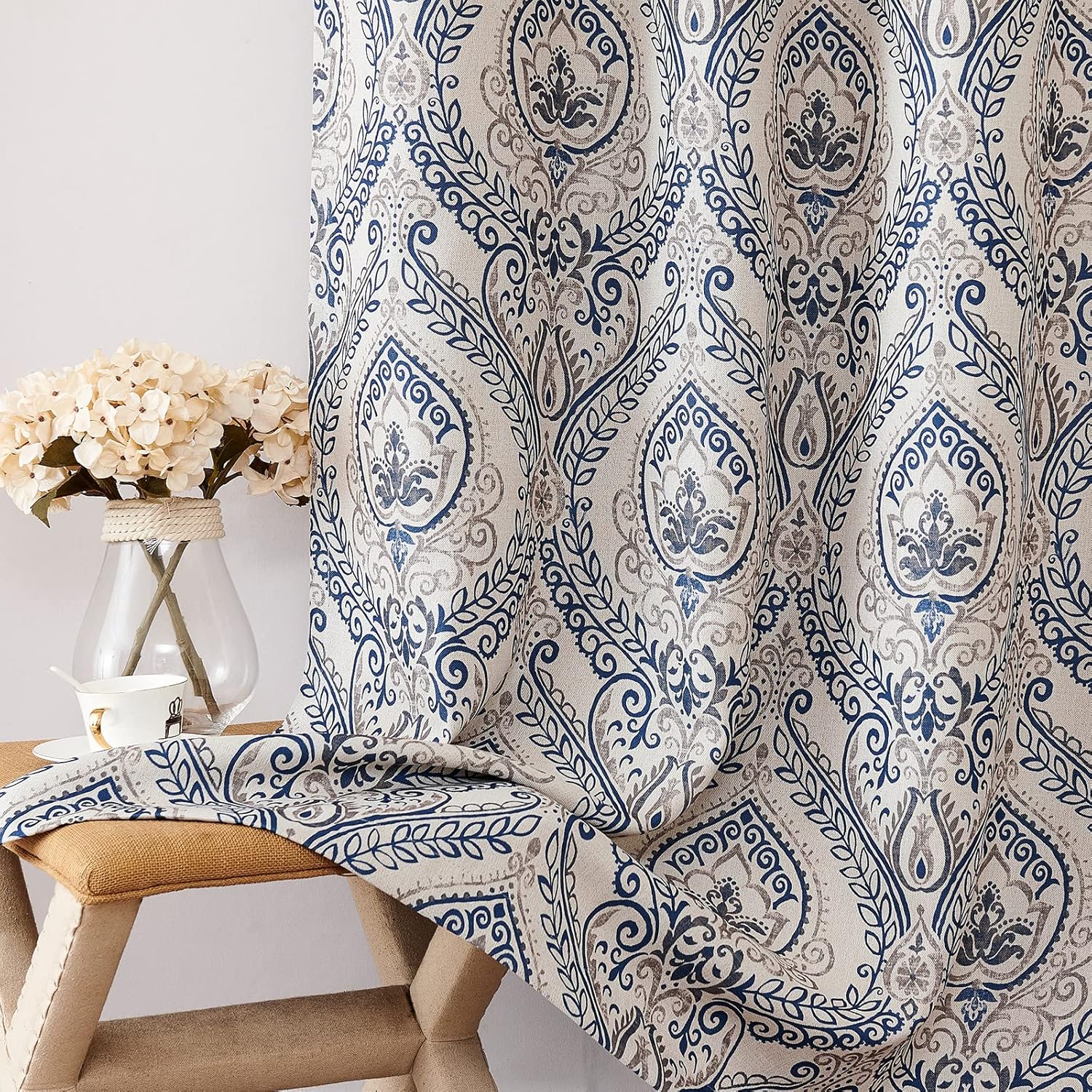 Vangao Damask Curtains 2 Panels 63 Inch Blue on Beige