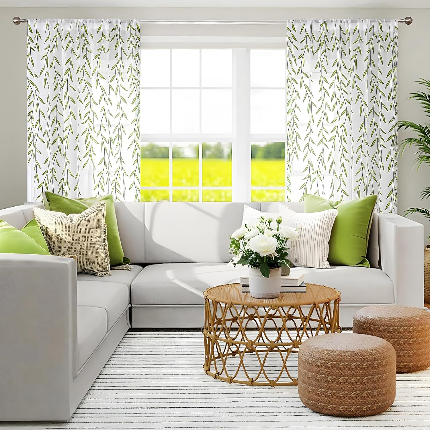108 Inch Sheer Curtains with Green Leaf Pattern 2 Panels Set