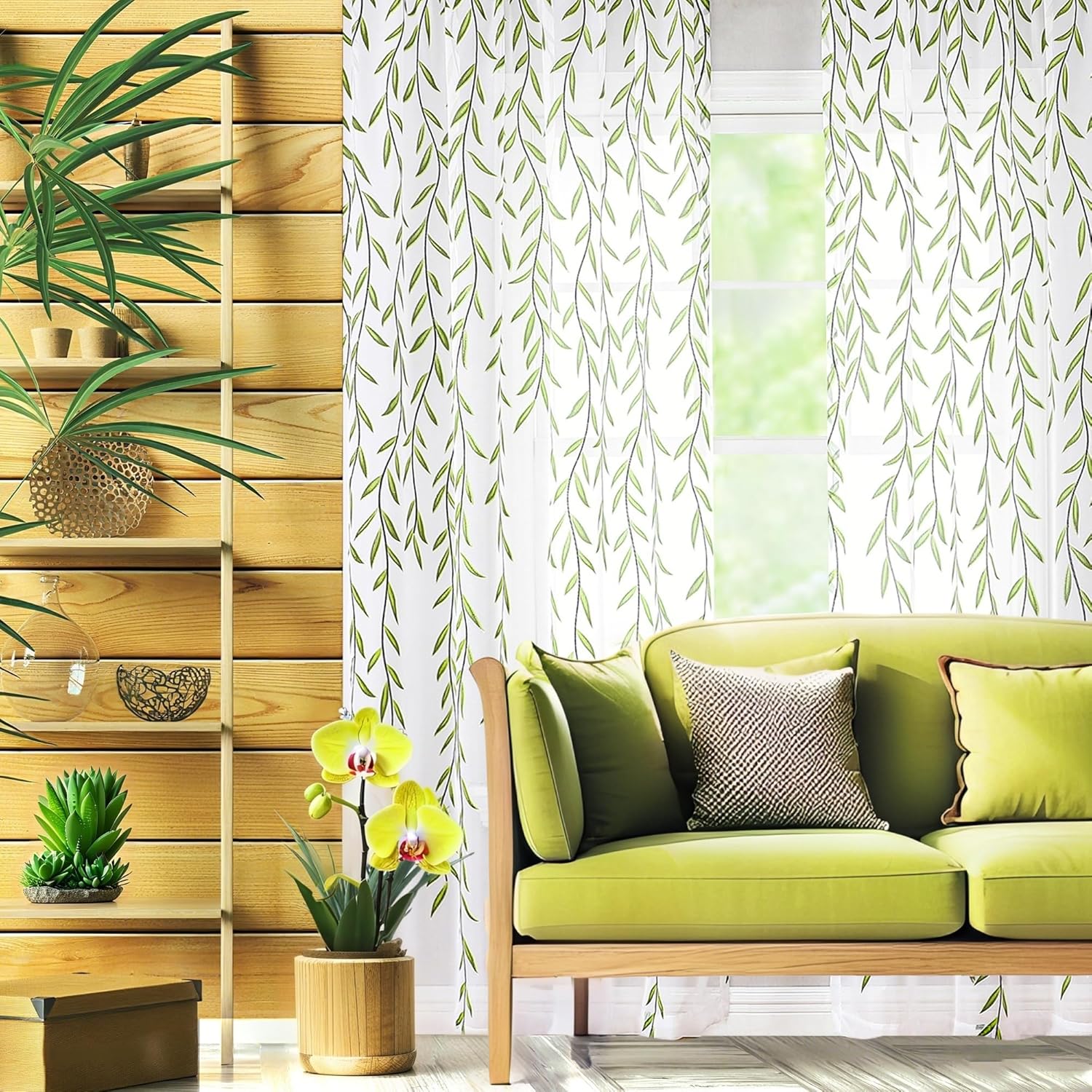108 Inch Sheer Curtains with Green Leaf Pattern 2 Panels Set
