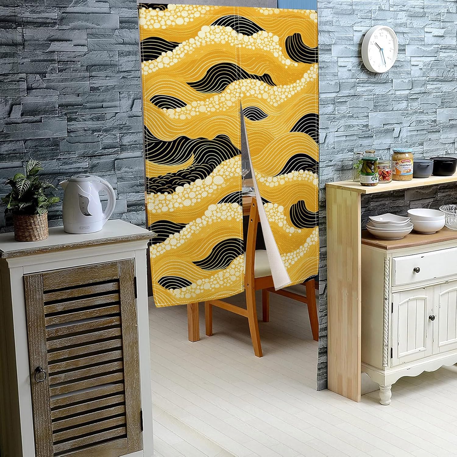 Leowefowa Japanese Noren Curtain with Gold and Black Great Wave Design