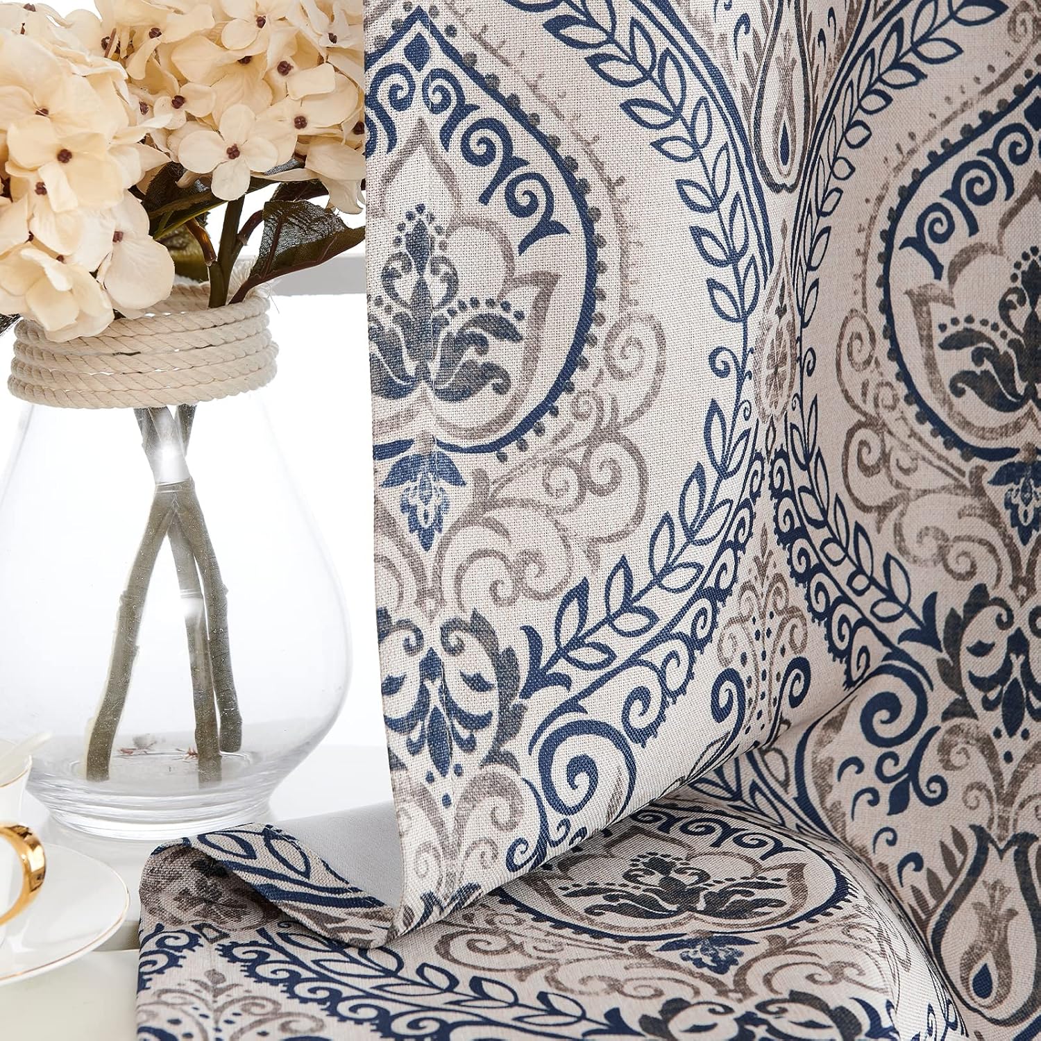 Vangao Damask Curtains 2 Panels 63 Inch Blue on Beige