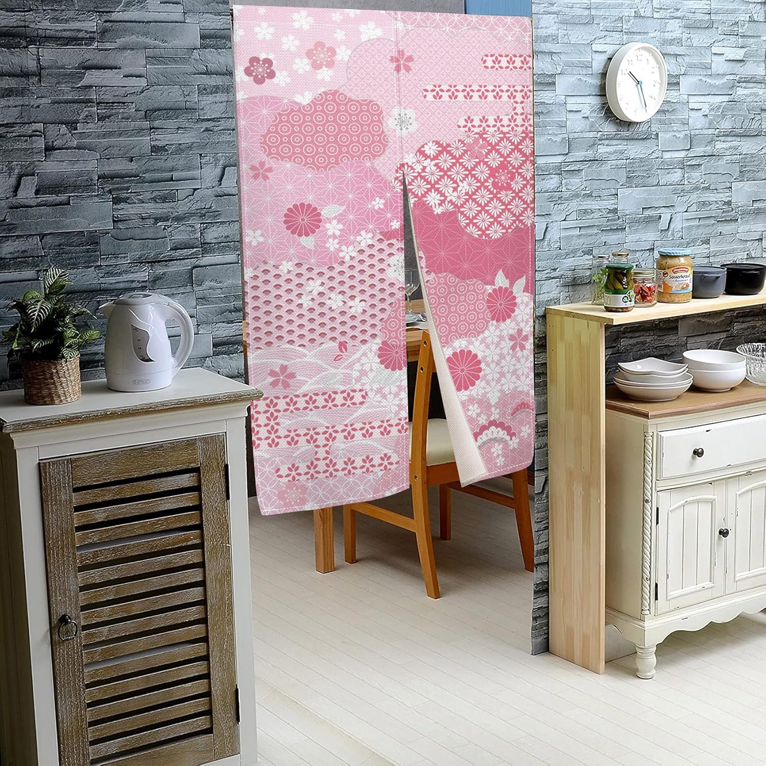 Japanese Pink Flowers Pattern Noren Door Curtain 34x60