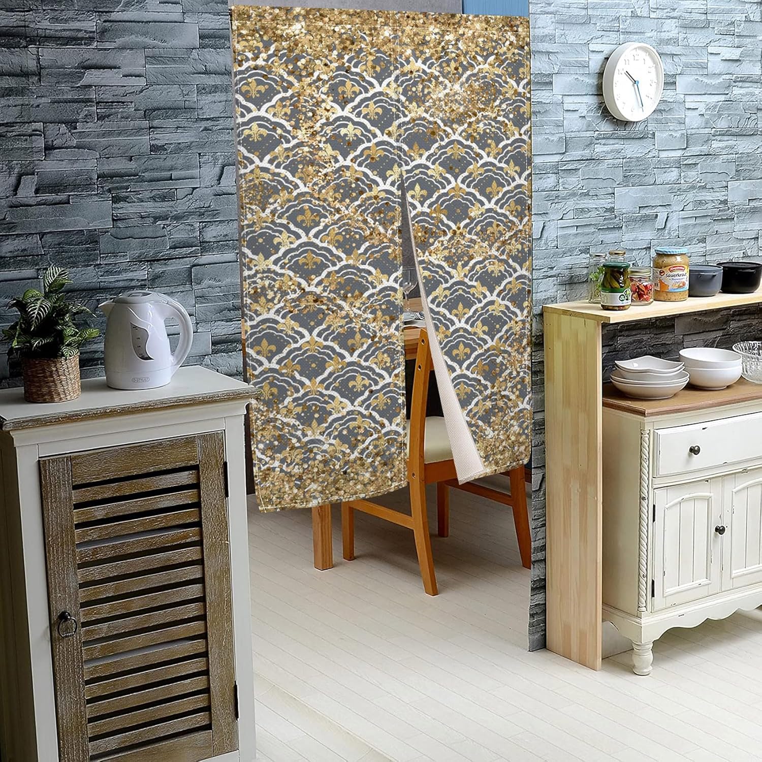 Traditional Japanese Noren Door Curtain with Gold Sequins